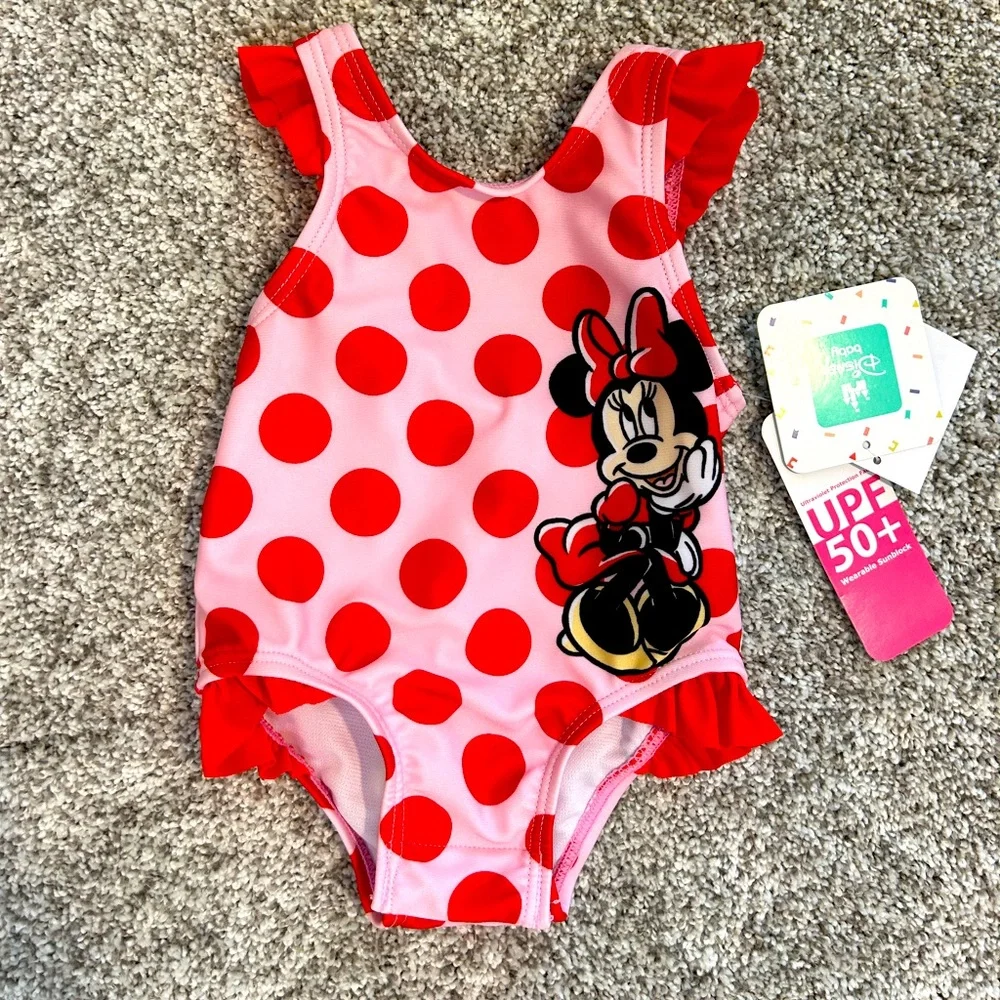 Disney Baby Swimsuit Infant 3M Pink Minnie Mouse Polka Dot Ruffle UPF‎ 50+ NEW